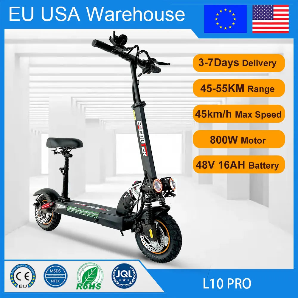 Electric Scooter with Off-road Tire, Kick Scooter, Electric E-Scooter, 10in, 45 km/h, 45km, 55km Range, 13Ah, 15Ah, 800W