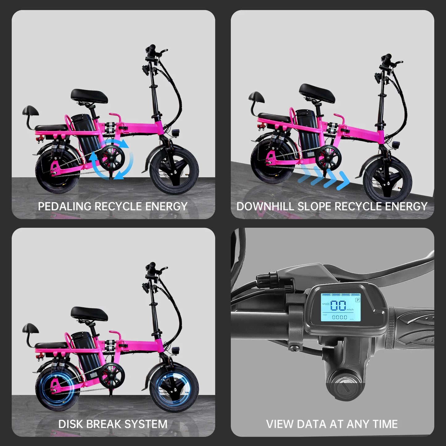 Electric Bike with Basket for Adults, 750W Peak Folding E Bike, 14" 48V 20AH Mini Ebike with Seat, Long Range 80 Miles-Pink