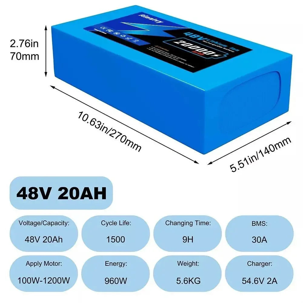 Aleaivy 36V 48V Electric Bike Lithium Battery Pack 10,16,20Ah Li ion Ebike Battery for Bicycle Scooter Motorcycle with Charger