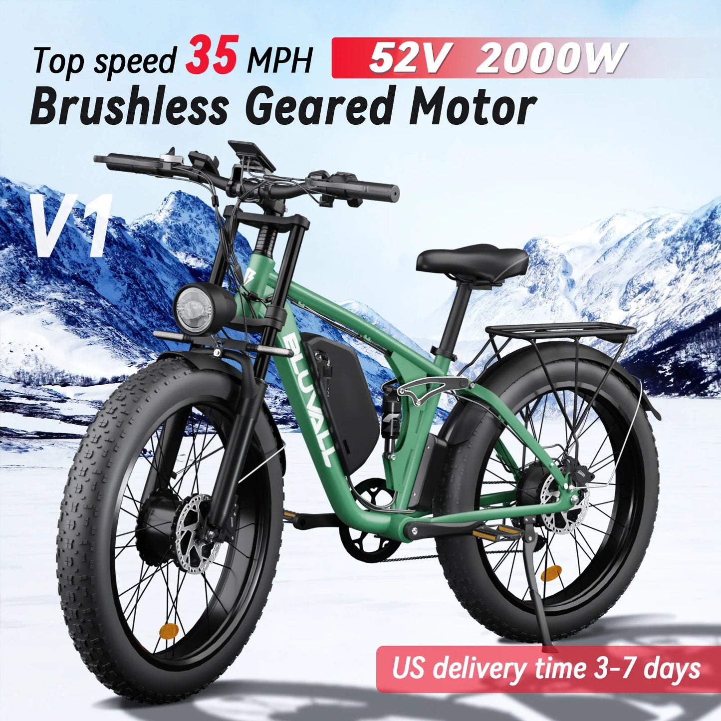 52V Dual Motor 2000W Fat Tire Electric Bike 26x4.0 Snow Beach E-Bike 7 Speed Full Suspension 35MPH Long Range Adults Commuter