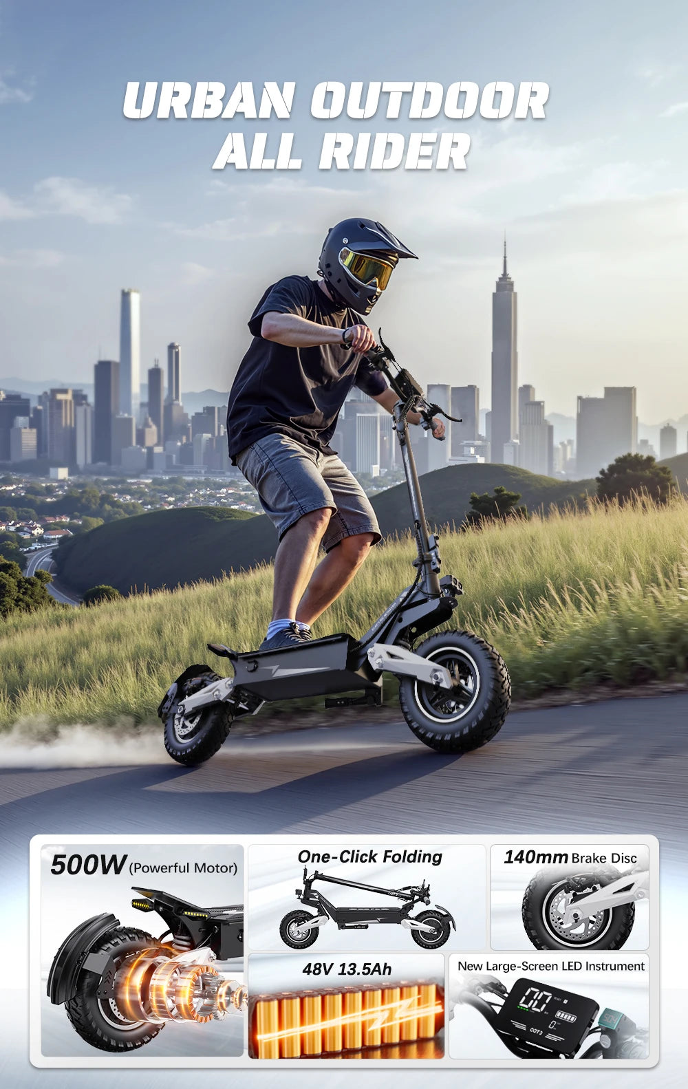 OOTD T10 Electric Scooter 900W Peak power 48V13AH Large Screen City Scooters Electric LED Screen 11 Inch Tire Portable E-Scooter