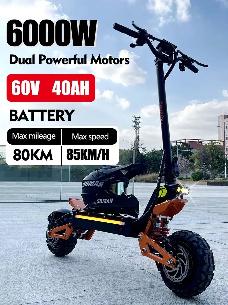 2025 New 6000W 60V 40V Dual Motor Electric Scooter Dual Suspension Shock Absorption Maximum Speed 95km/h 11 Inch Off-Road Tyres