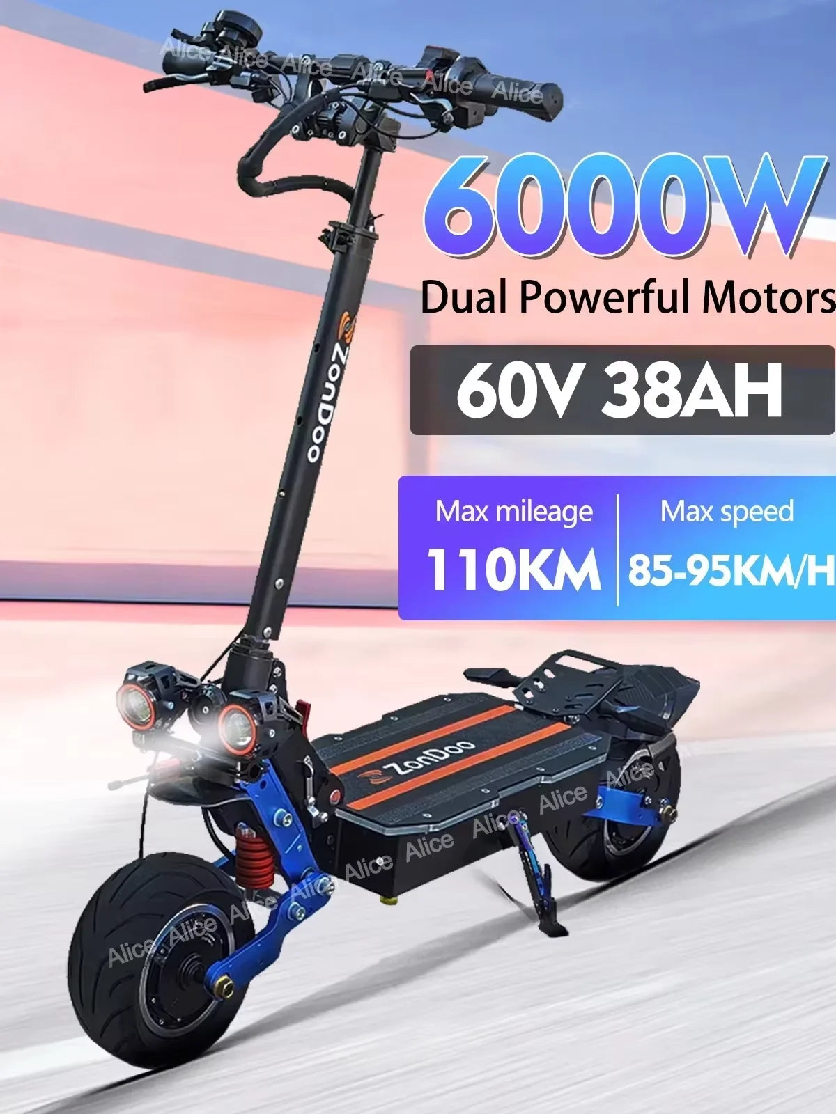 US Escooter 2025 ZonDoo 11Inch Fast Electric Scooter 6000W 60V 38AH Dual Motors Max Speed 95km/h Max Range 110km Hydraulic brake