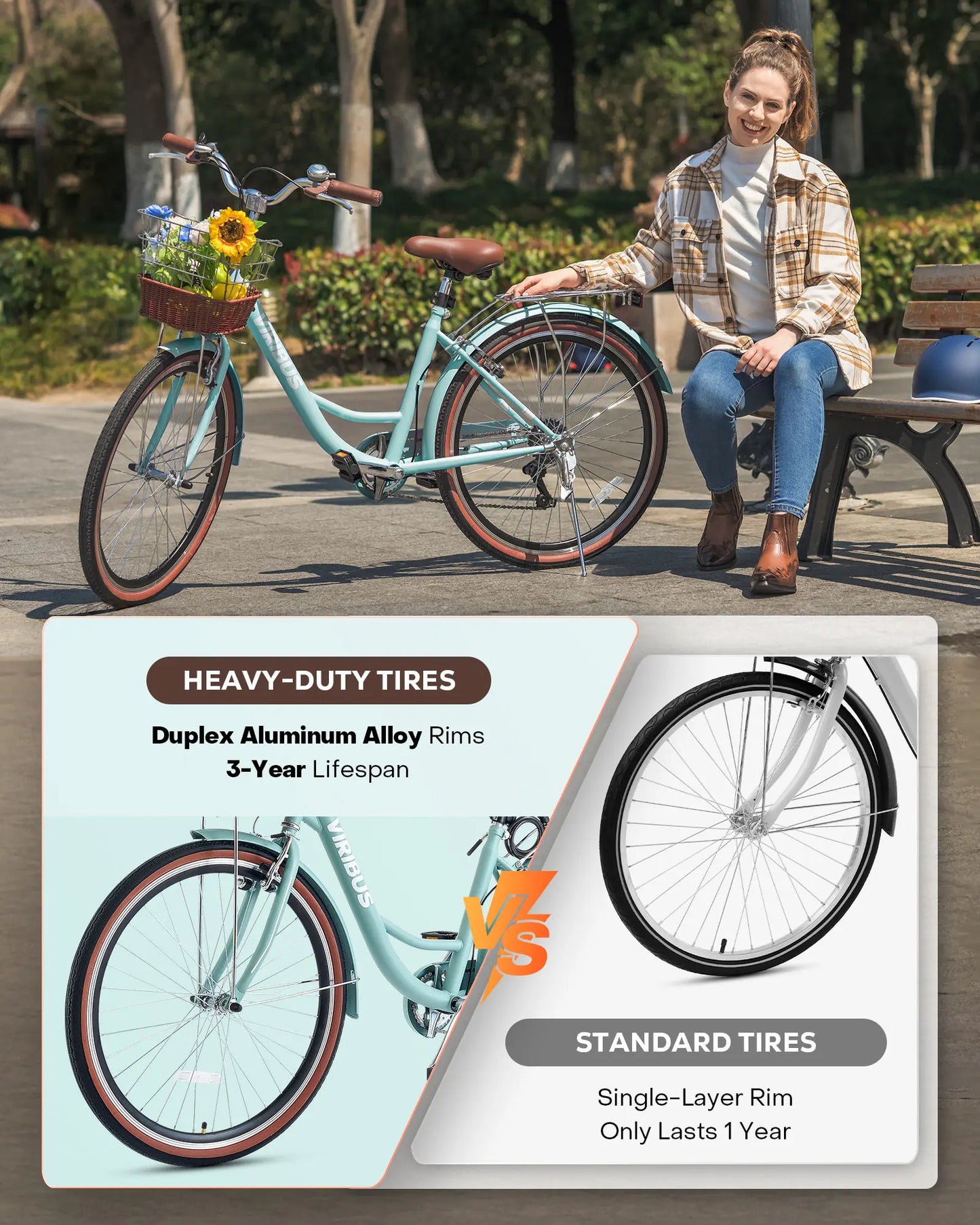 VIRIBUS 7-Speed Beach Cruiser Bike 24''/26" City Bicycle w Basket for Women
