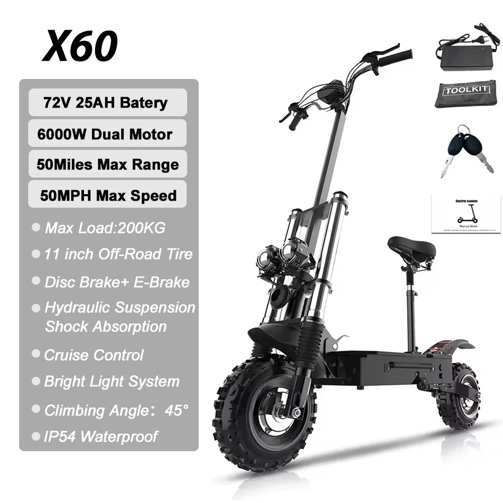 SMATEIGHT X60 6000W Dual Motor Adult Electric Scooter Speed up to 50MPH 72V 20AH 11 Inch Off-Road Tires Foldable E-Scooter