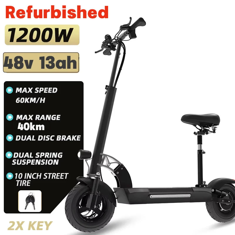 48V 26AH Lithium Battery Electric Scooter with Seat Max Speed 65KM/H E Scooter 1200W Single Motor 35° Climbing Angle for Adults