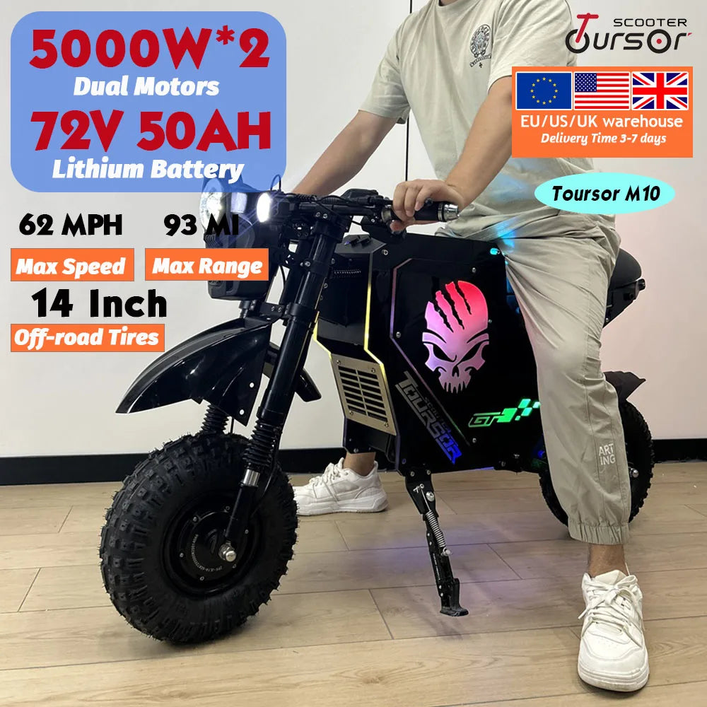 TOURSOR M10 Electric Motorcycle 72V 10,000W Dual-Drive Motor 50AH/55Ah Long-Range Lithium Battery 62 MPH Top Speed 93-Mile Range