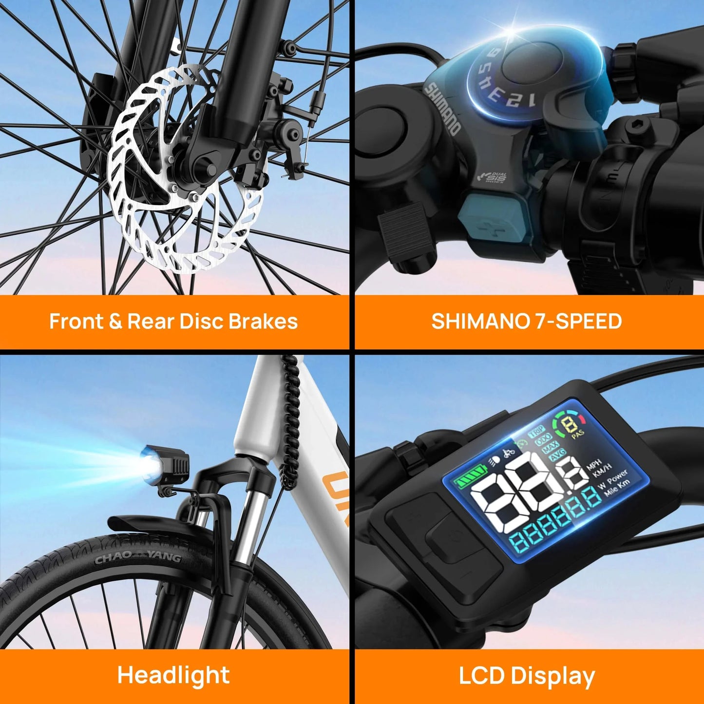 Peak 750W E26 Electric Bike 26x2" Commuter Tires 48V 10.4Ah Removable Battery 20MPH Speed 7-Speeds LCD Display