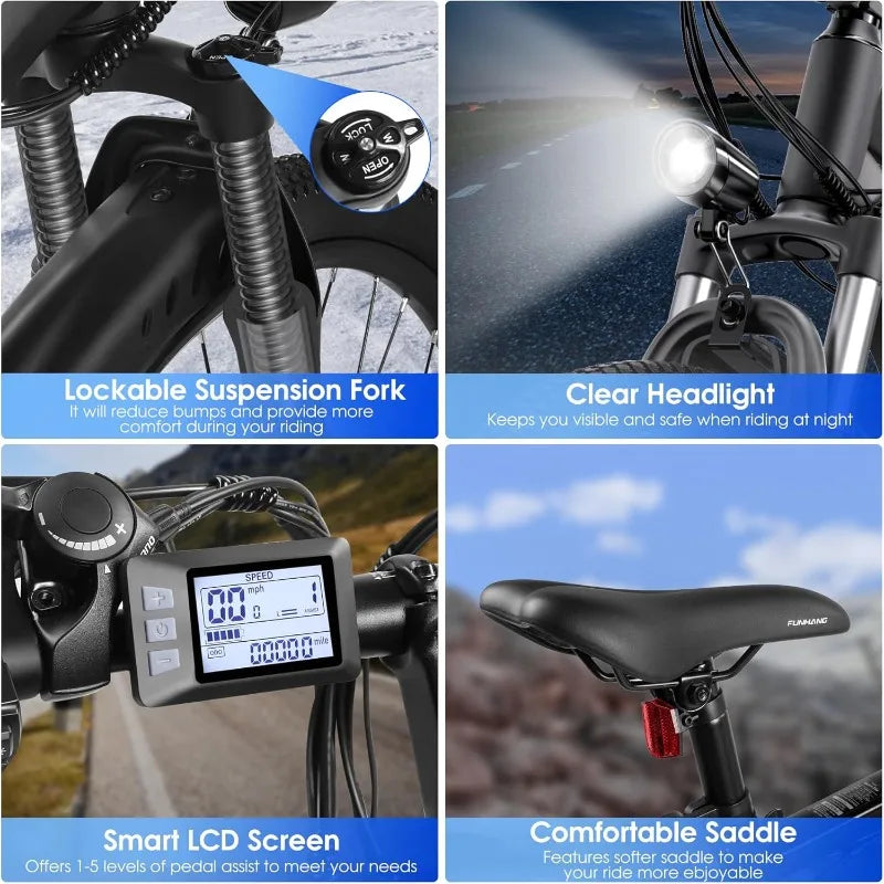 Electric Bike for Adults, 26'' 1000W Peak Ebike,with 48V 374.4WH Removable Battery, Adjustable Stem, Fenders