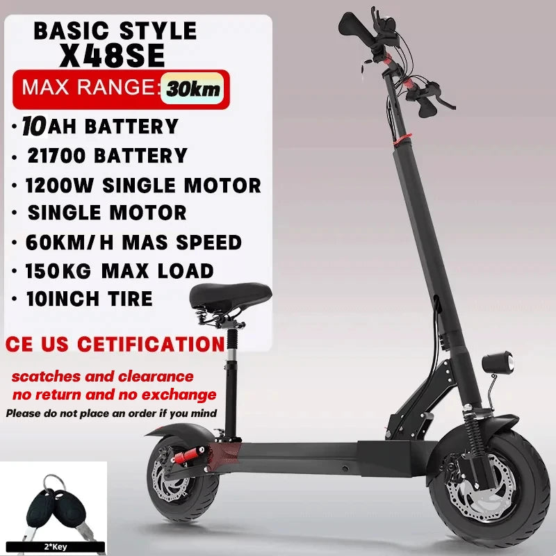 1200W Rear Motor Electric Scooter 55KM/H Max Speed E-Scooter for Adult 10'' Pneumatic Tyres Trottinettes électriques Disc Brake