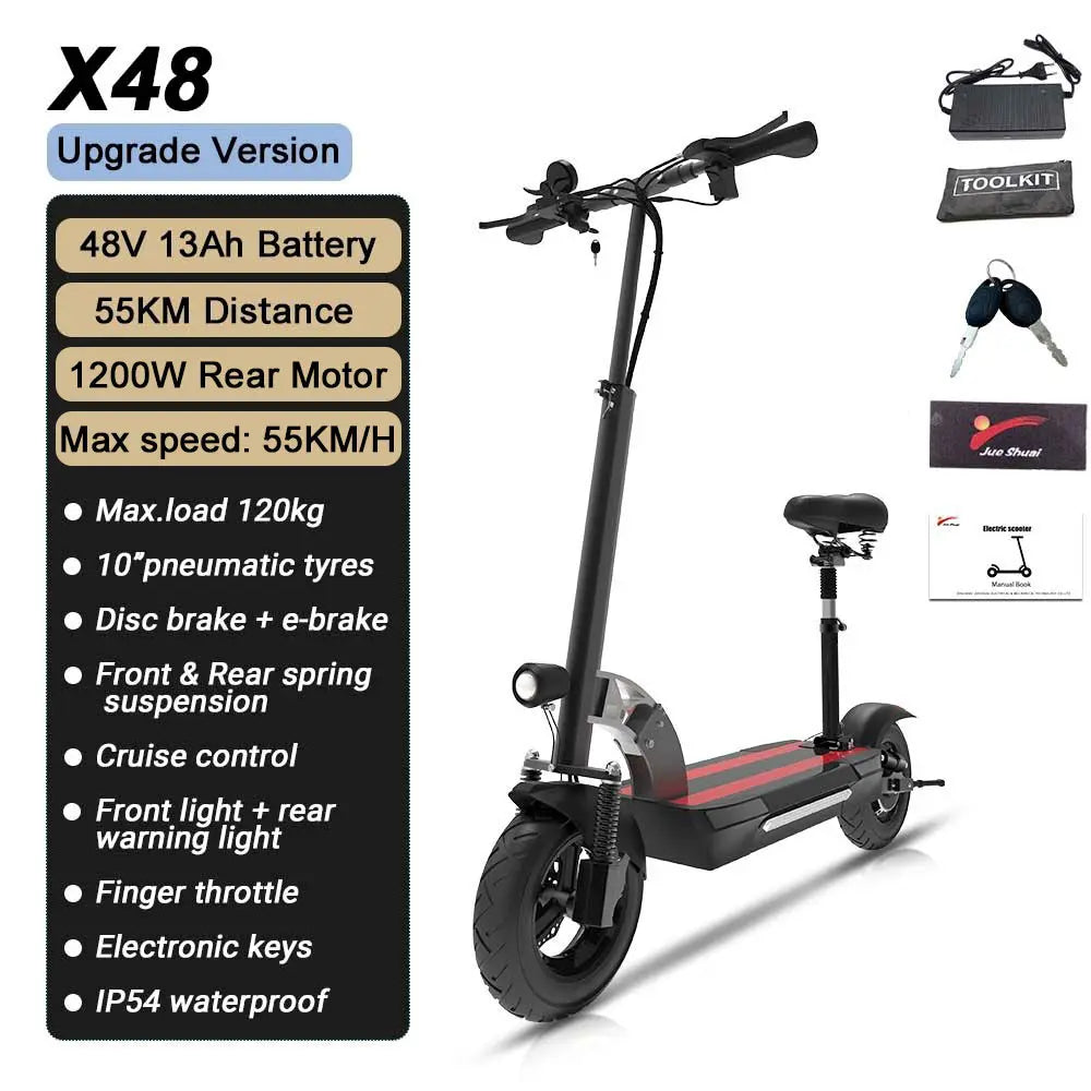 1200W Rear Motor Electric Scooter 55KM/H Max Speed E-Scooter for Adult 10'' Pneumatic Tyres Trottinettes électriques Disc Brake