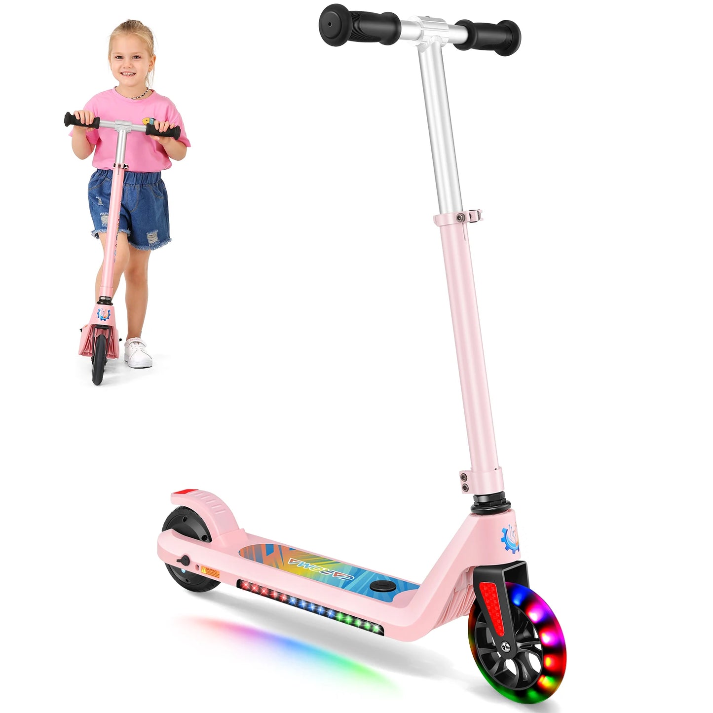 Caroma Electric Scooter for Kids Ages 6-12,120W Motor,10 MPH Max Speed & 7 Miles,Colorful Lights,Adjustable Height & Speed,LED