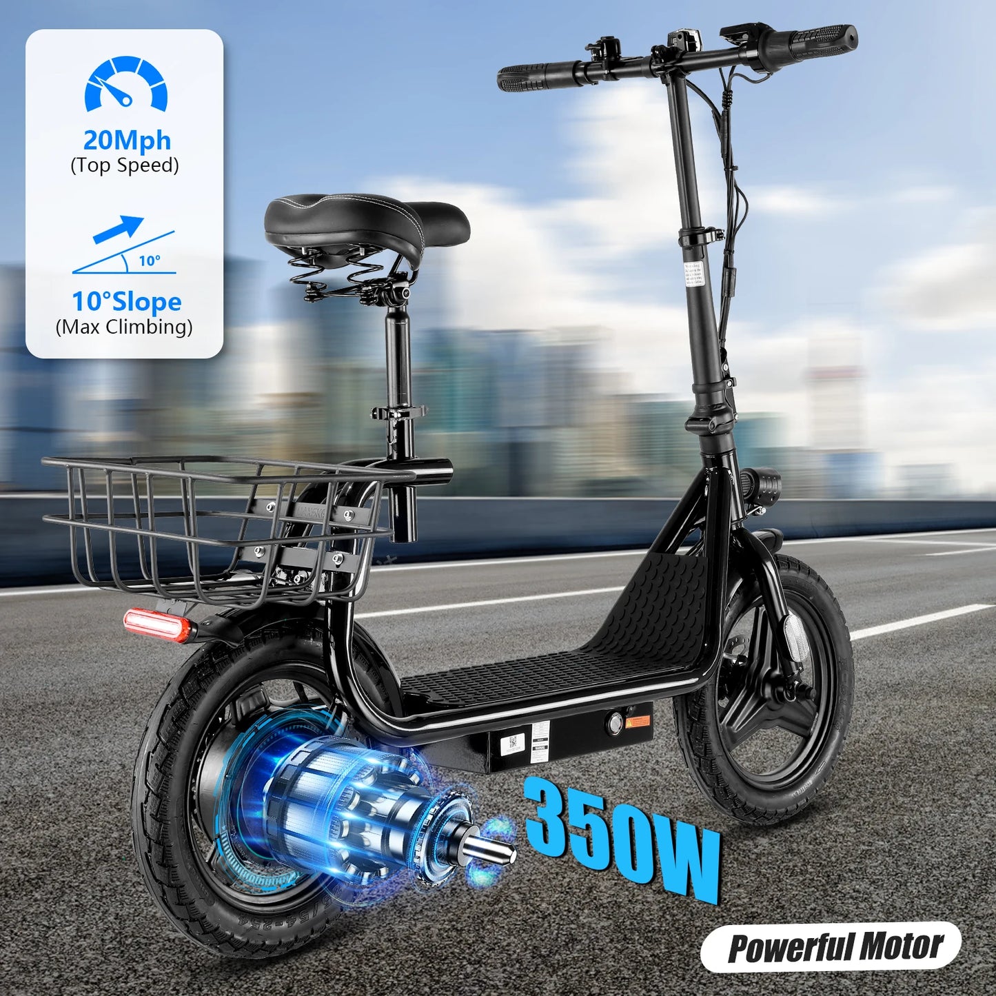 Peak 500W/800W/1200W Electric Scooter Adult 15/25/30Mile Long Range 14" Tire 20MPH Top Speed Adjustable E-Scooter With Seat ﻿