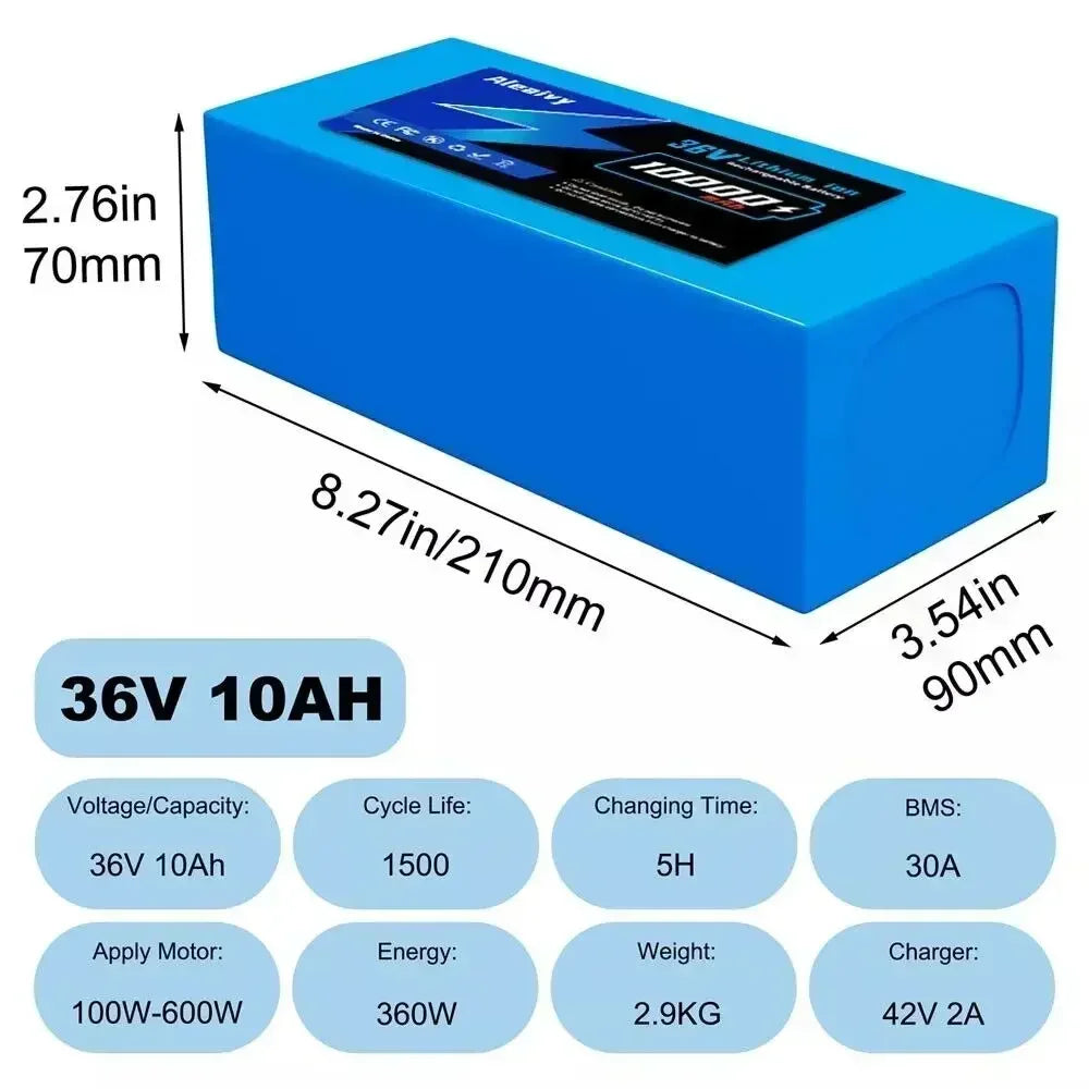 Aleaivy 36V 48V Electric Bike Lithium Battery Pack 10,16,20Ah Li ion Ebike Battery for Bicycle Scooter Motorcycle with Charger