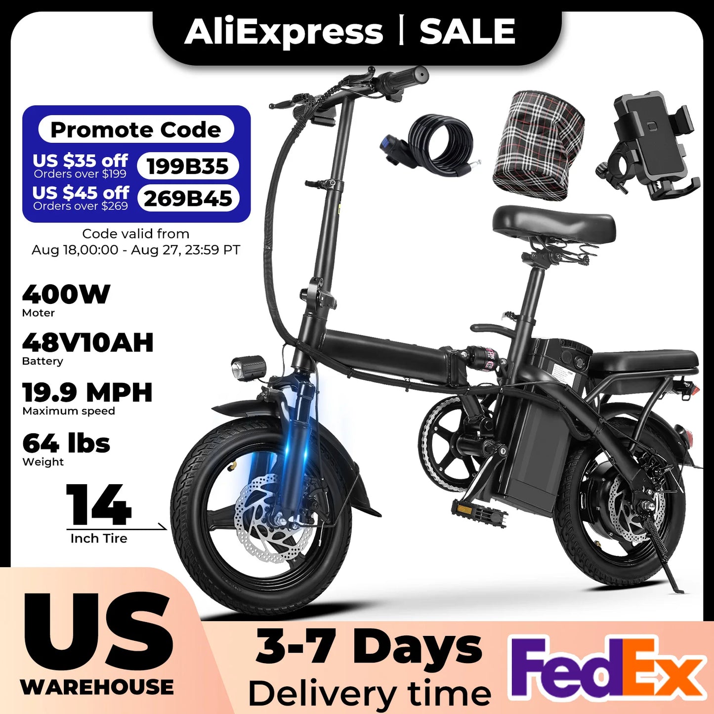 400W dual disc brake adult foldable electric bicycle with seat and basket 14 inches 48V 10.4Ah 22 mile range 20MPH