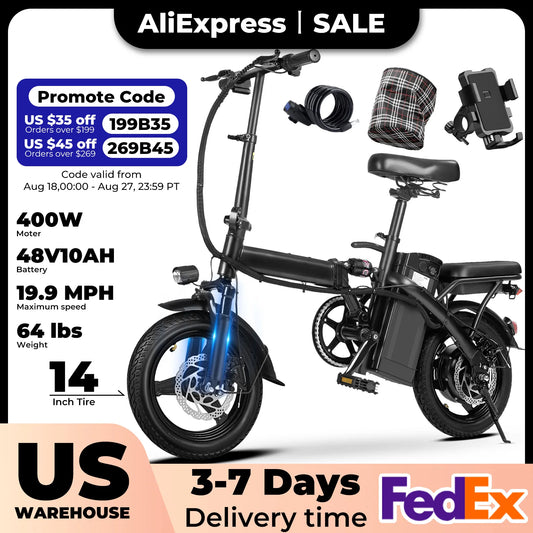 400W dual disc brake adult foldable electric bicycle with seat and basket 14 inches 48V 10.4Ah 22 mile range 20MPH