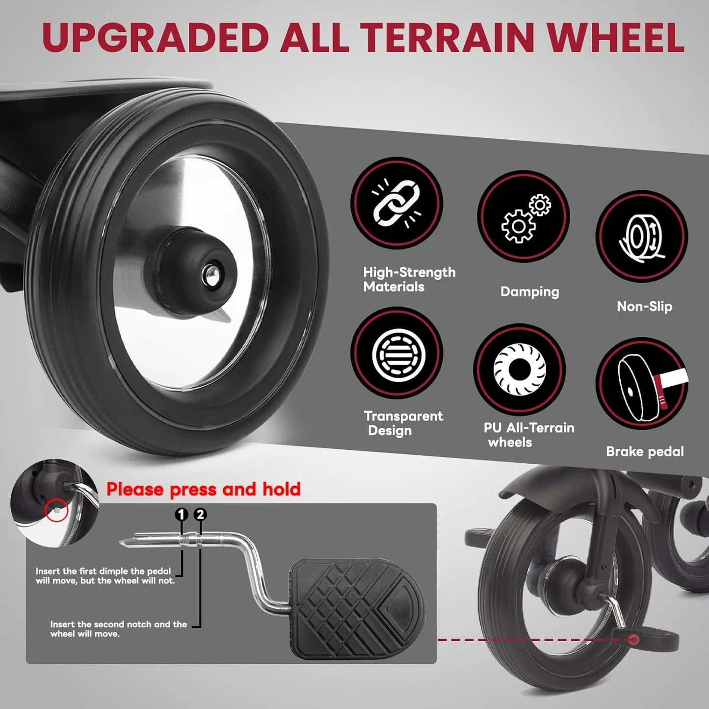 Baby Tricycle,7 in 1 Foldable Trike for Kids age 6M+ to 5 Years,Headlights.1-Step Brake Folding Pedal, Extended Canopy