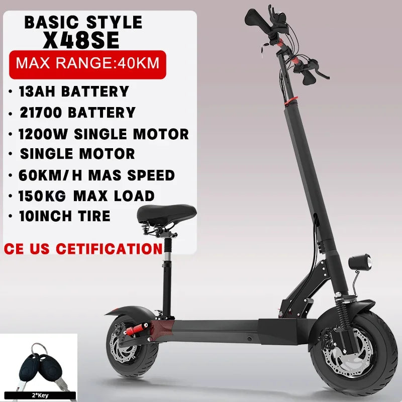 48V 26AH Lithium Battery Electric Scooter with Seat Max Speed 65KM/H E Scooter 1200W Single Motor 35° Climbing Angle for Adults