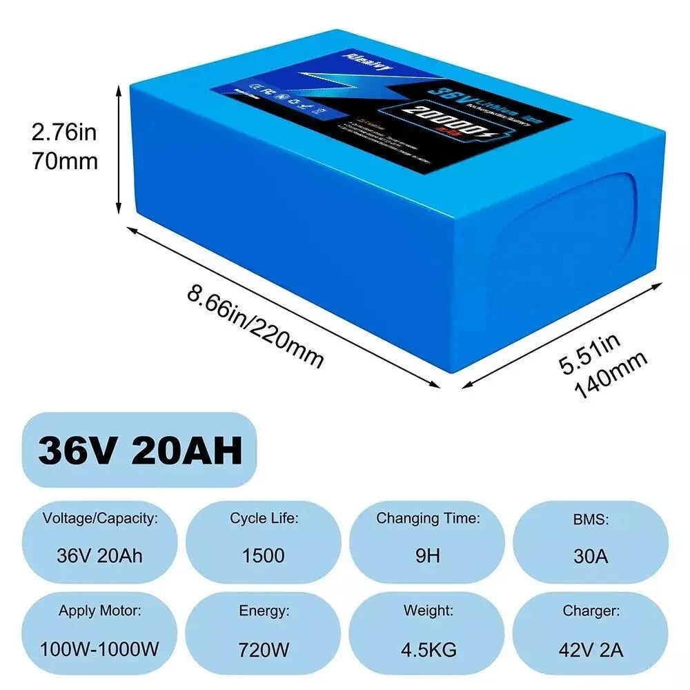 Aleaivy 36V 48V Electric Bike Lithium Battery Pack 10,16,20Ah Li ion Ebike Battery for Bicycle Scooter Motorcycle with Charger
