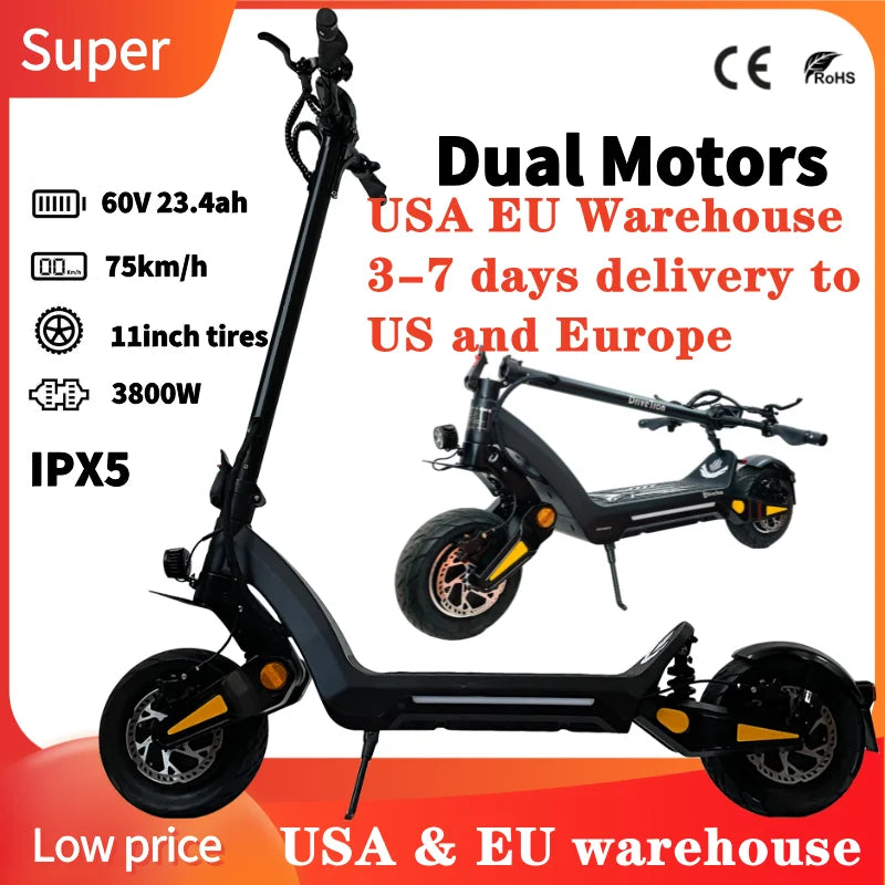 EU/USA Warehouse DT06 1200W*2 60V 23.4Ah 70KM/H 11 inch IPX5 Hydraulic Suspension Dual Motor Foldable Off Road Electric Scooter