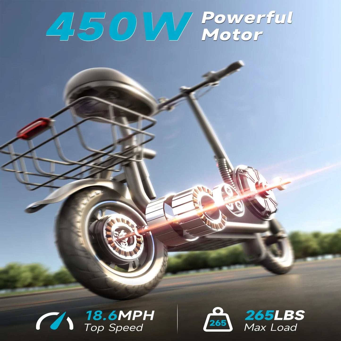 450W Motor Electric Scooter: 265LBS Max Load, 22-Mile Range, 15.5MPH Top Speed, 3 Modes, Adjustable Seat, LCD Display.