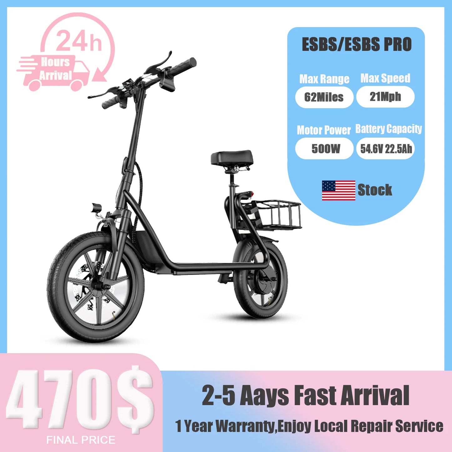 ESBS/ESBSPRO Electric Scooter 500W Motor 48V 10.4/22.5AH Battery 14Inch Tires 28Miles 21MPH With Seat Rear Basket Adult EScooter