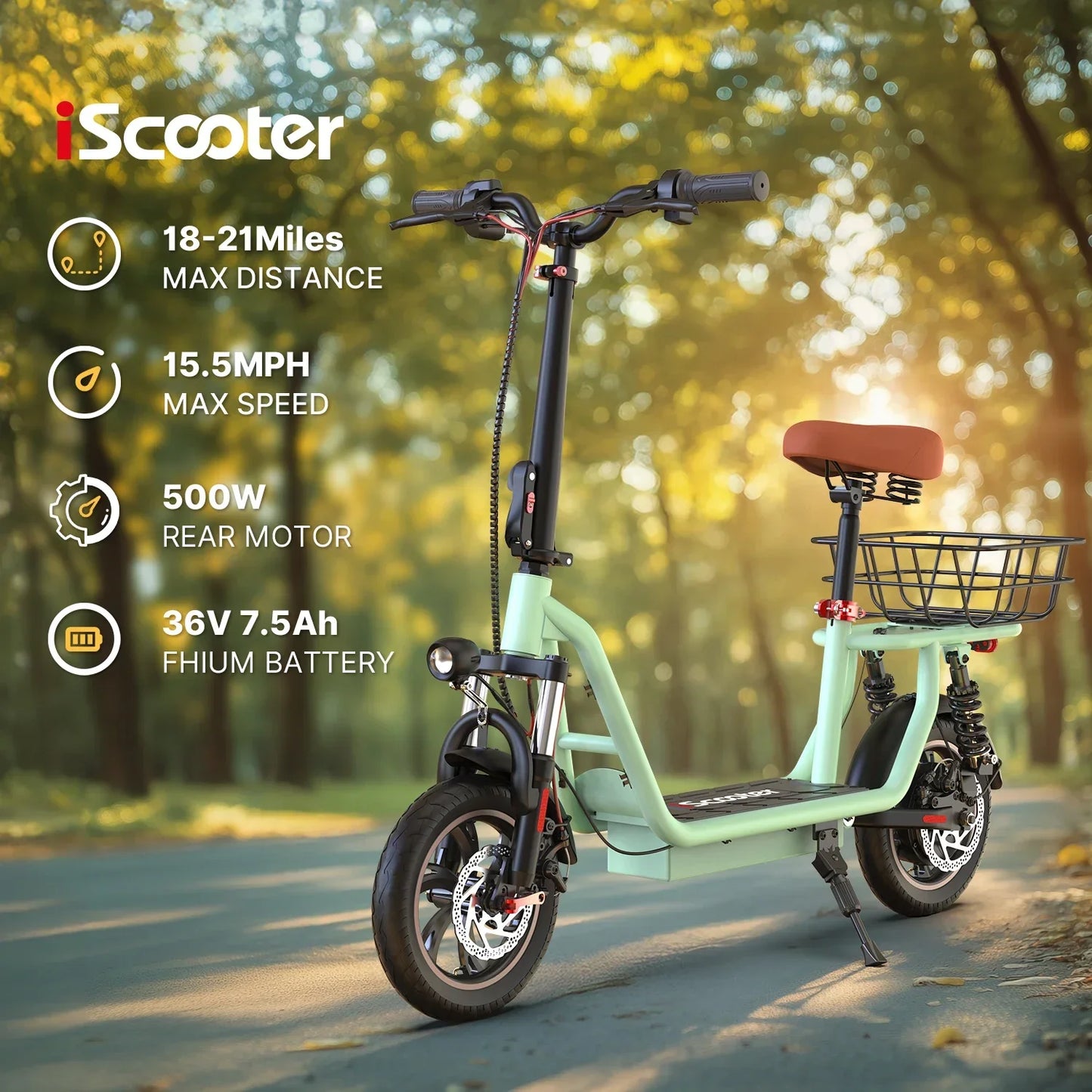 ISCOOTER I12 Adult Electric Scooter 500W Motor E- Scooter 36V 7.5AH Battery Electric Scooter 12 Inch Road Tires Electric Scooter