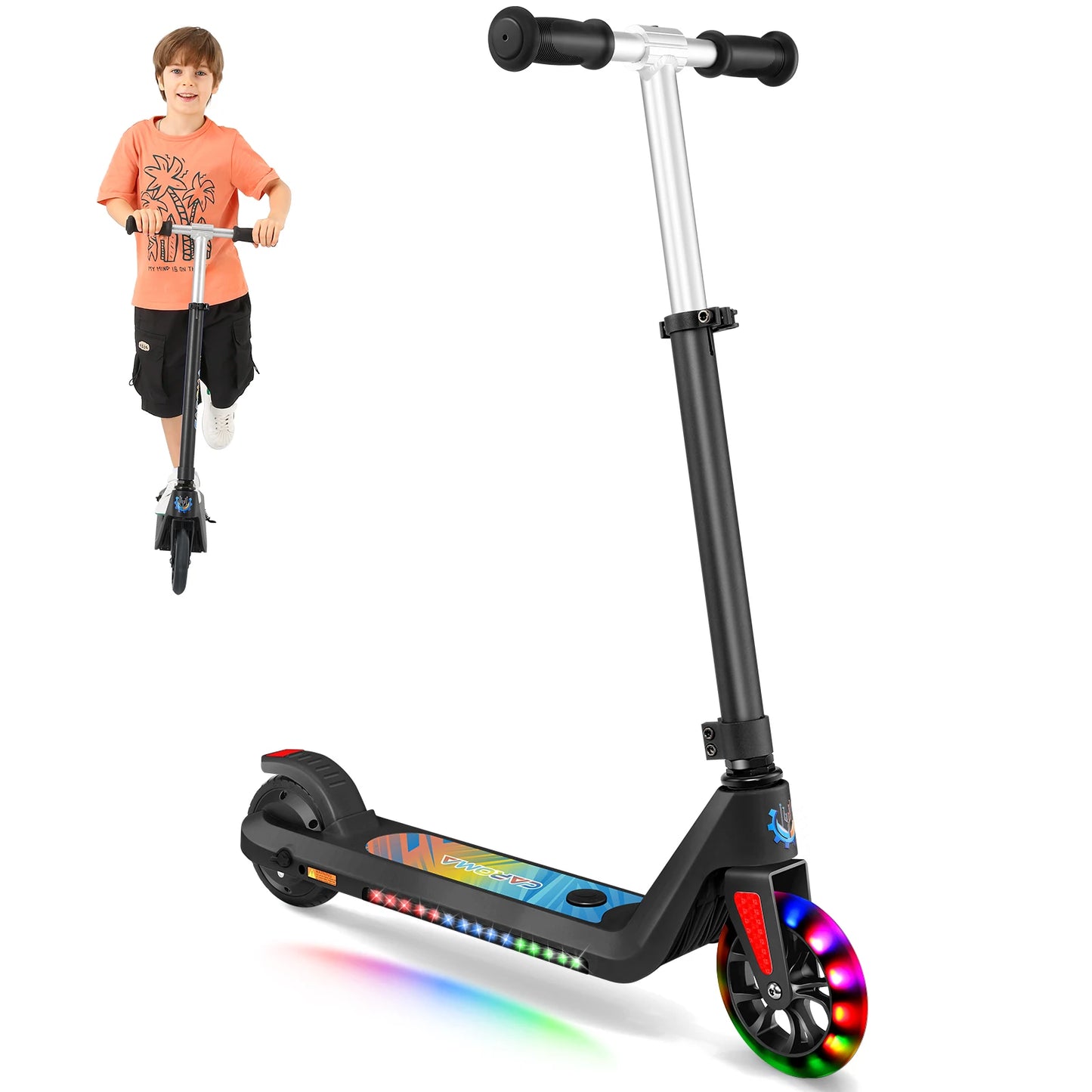 Caroma Electric Scooter for Kids Ages 6-12,120W Motor,10 MPH Max Speed & 7 Miles,Colorful Lights,Adjustable Height & Speed,LED