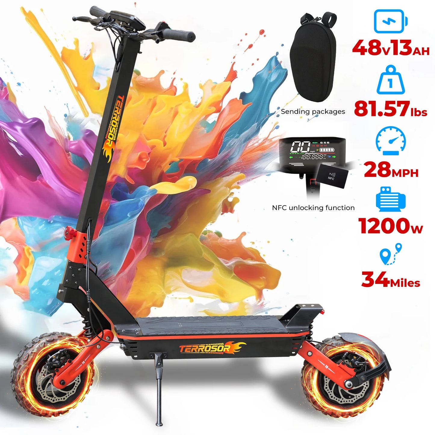 Adult electric scooter, electric commuting scooter, range of 28 miles1200W motor, 22MPH dual braking system and shock absorptio