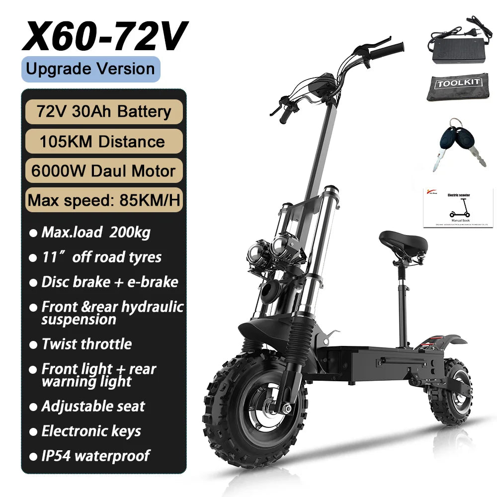 85KM/H Max Speed Electric Scooter 1200W-6000W Dual Motor E-Scooter for Adults 11" Off Road Tire Patinete Eléctrico 100KM Range
