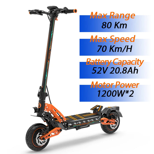 DT10 Dual Motor 48V 52V 20.8Ah Electric Scooter 1200W*2 1000W*2 60KM/H 70KM/H Range 70KM 80KG Offroad-Elektroroller