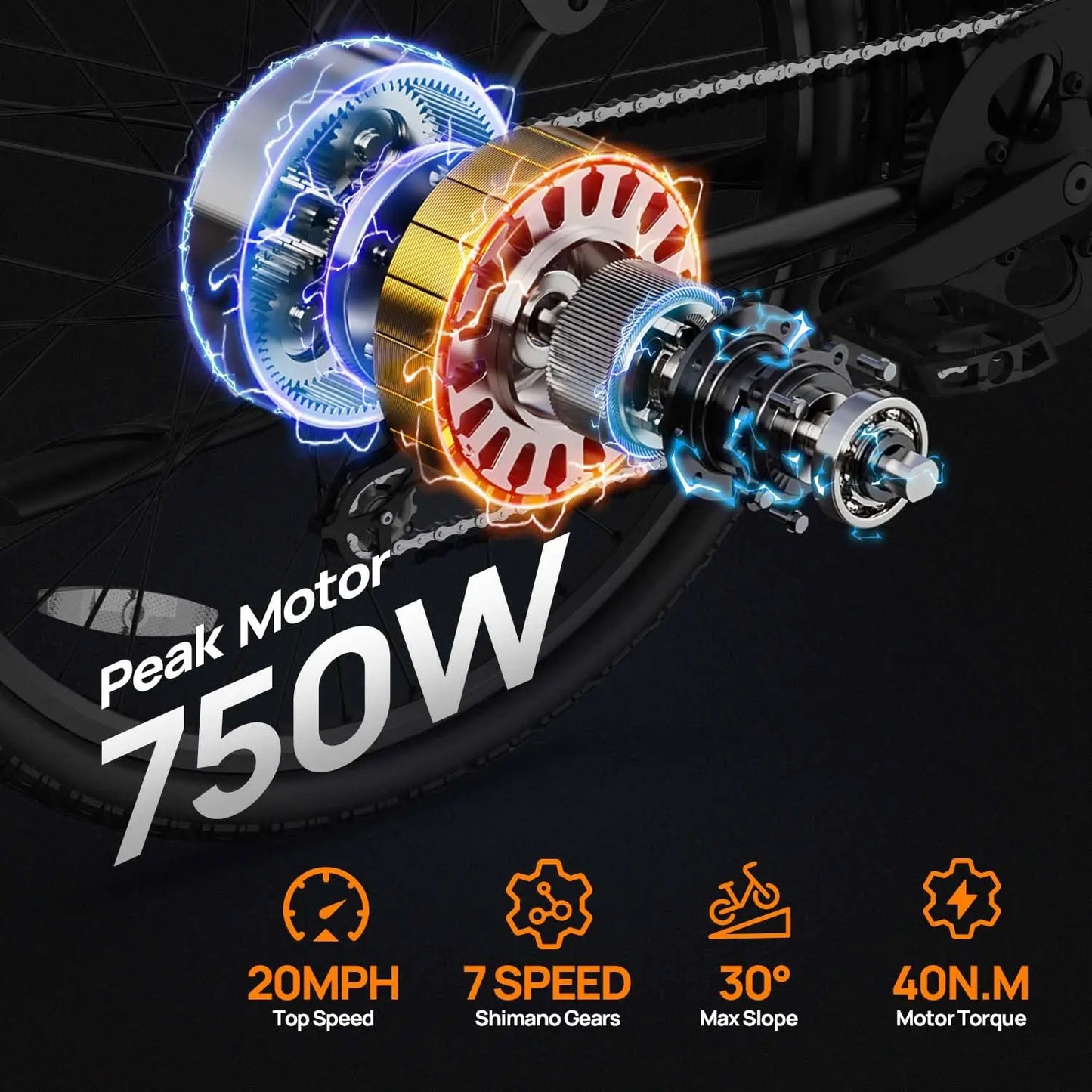 Peak 750W E26 Electric Bike 26x2" Commuter Tires 48V 10.4Ah Removable Battery 20MPH Speed 7-Speeds LCD Display