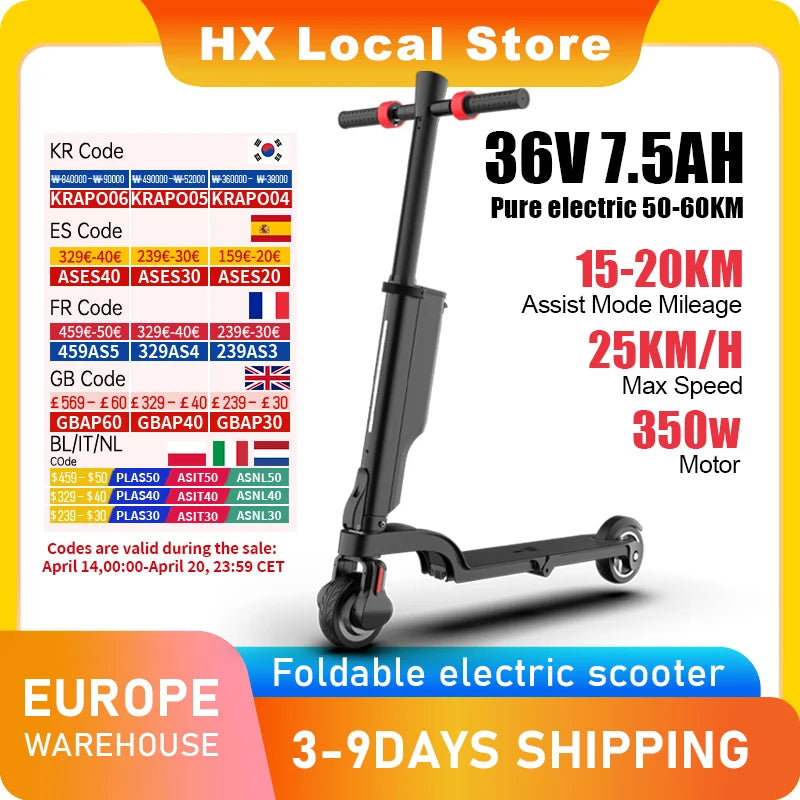 HX 7.5AH Electric E Scooter 350W 25KM/H Foldable Electric Kick Scooter Scooters 5.5 Inch APP Smart Escooter for Adults