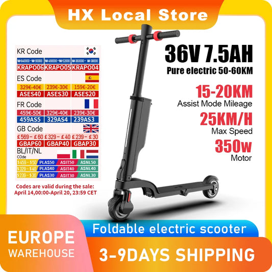 HX 7.5AH Electric E Scooter 350W 25KM/H Foldable Electric Kick Scooter Scooters 5.5 Inch APP Smart Escooter for Adults