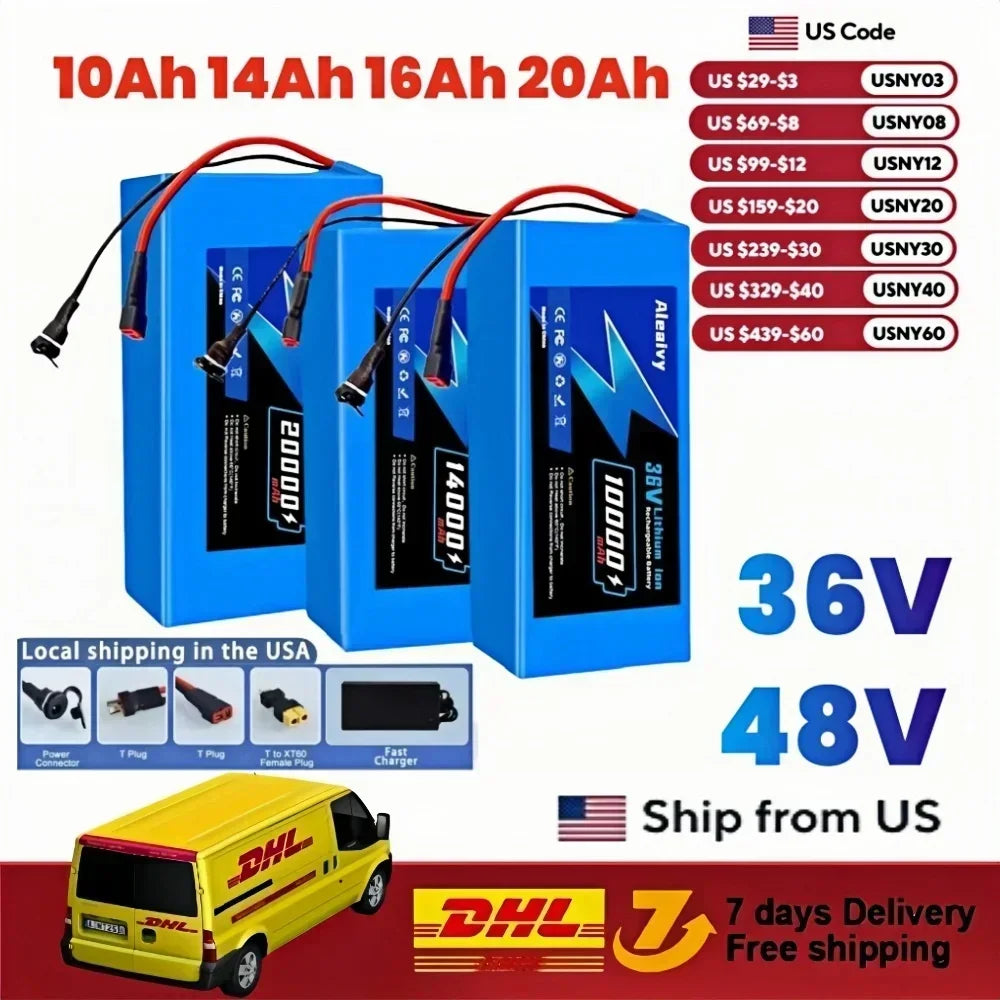 Aleaivy 36V 48V Electric Bike Lithium Battery Pack 10,16,20Ah Li ion Ebike Battery for Bicycle Scooter Motorcycle with Charger