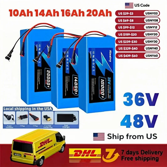 Aleaivy 36V 48V Electric Bike Lithium Battery Pack 10,16,20Ah Li ion Ebike Battery for Bicycle Scooter Motorcycle with Charger