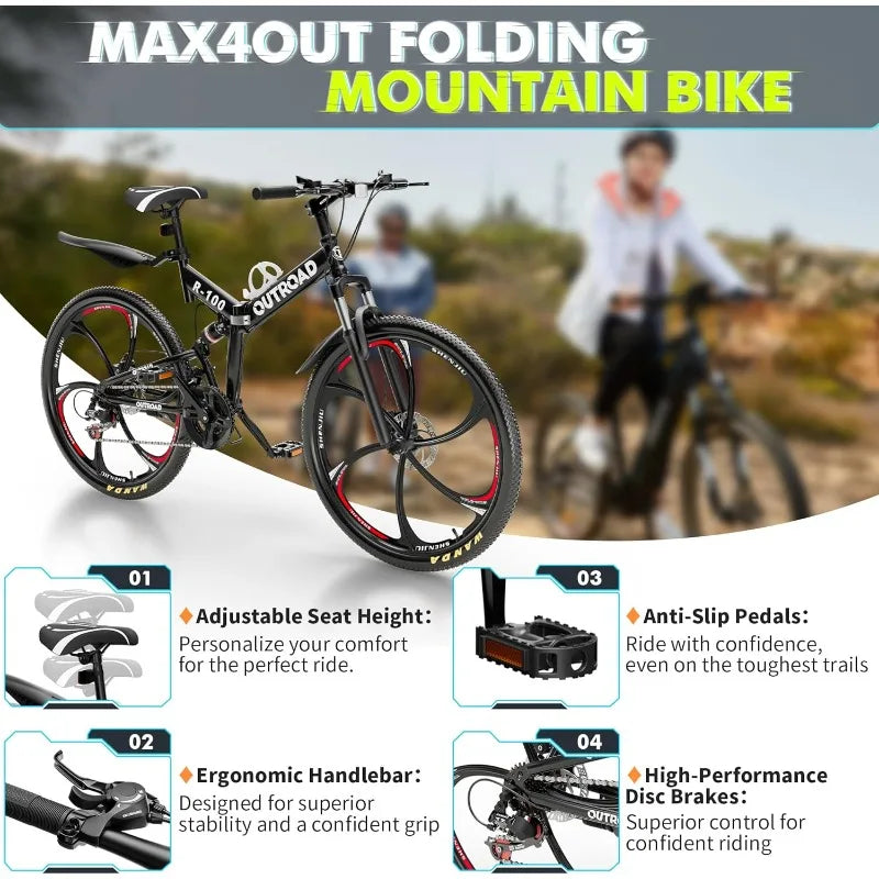 26 Inch Folding Mountain Bike, 21 Speed Full Suspension Bicycle with High-Carbon Steel, Dual Disc Brake Non-Slip Quick