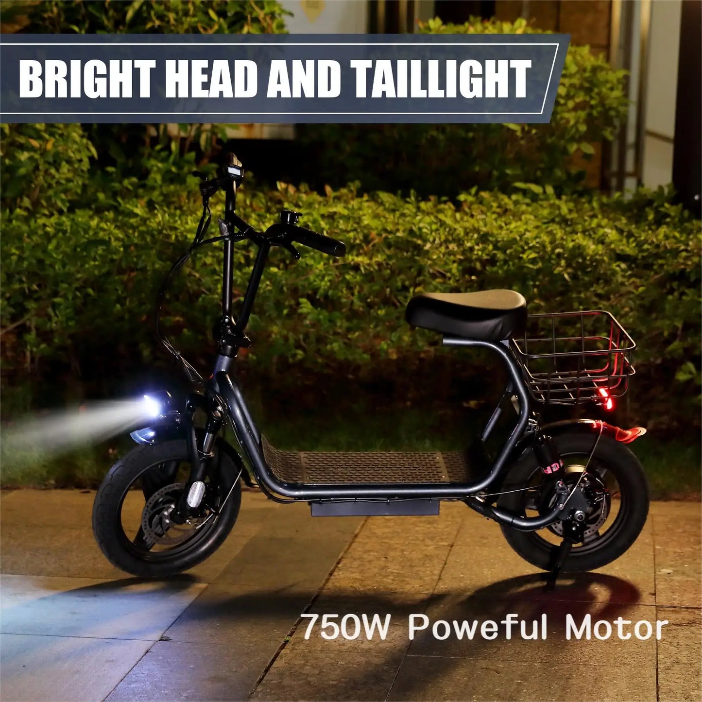 Caroma 750W Electric Scooter with Seat, 14" Fat Tire, 500Wh Battery,30 Miles&20MPH, Foldable, with Basket&Shock Absorbing