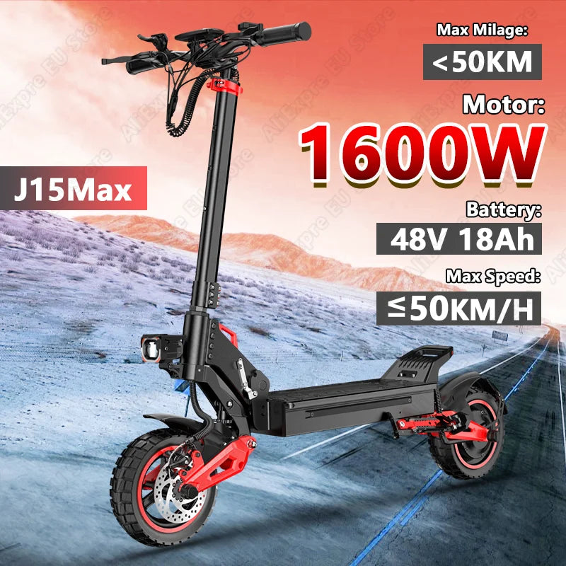Electric Scooter 1600W Motor 48V18AH Battery E-Scooter Dual Disc Brakes 10inch Off-road Tire Maximum Speed 50KM/H City EScooters