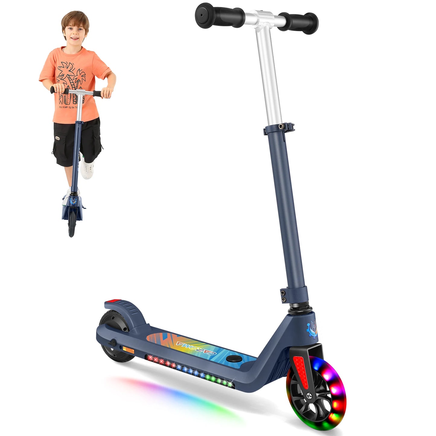 Caroma Electric Scooter for Kids Ages 6-12,120W Motor,10 MPH Max Speed & 7 Miles,Colorful Lights,Adjustable Height & Speed,LED
