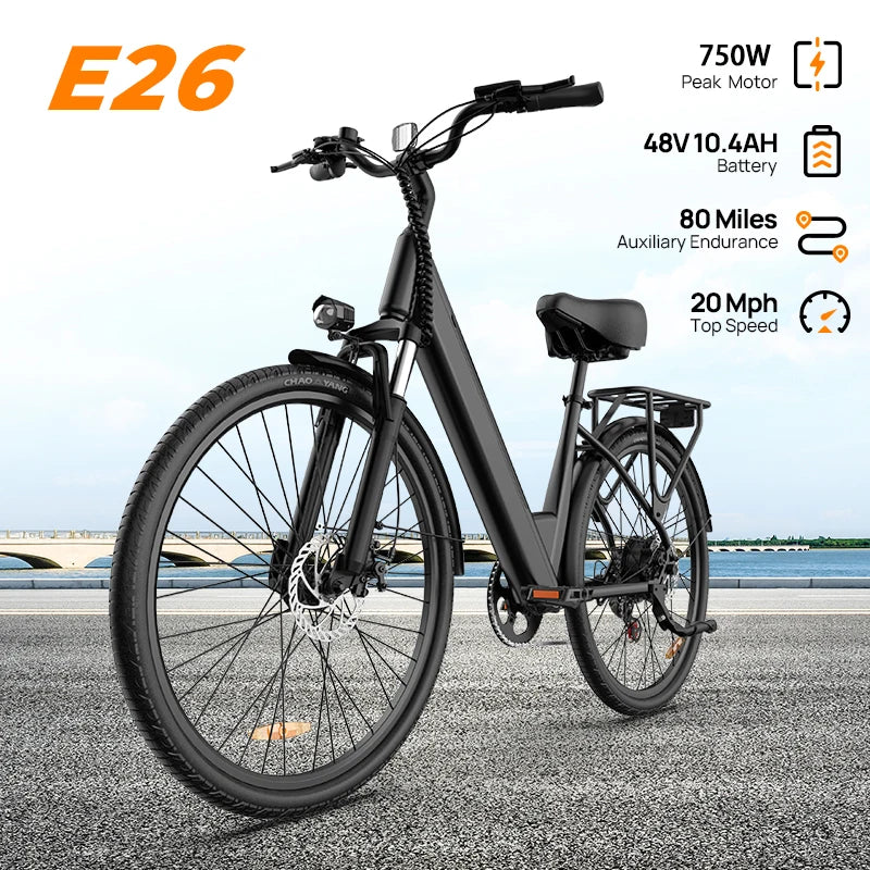 Peak 750W E26 Electric Bike 26x2" Commuter Tires 48V 10.4Ah Removable Battery 20MPH Speed 7-Speeds LCD Display