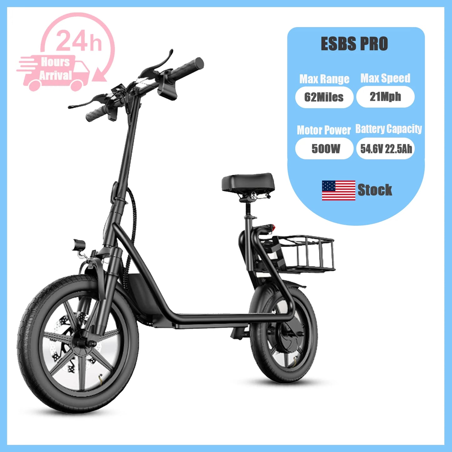 ESBS/ESBSPRO Electric Scooter 500W Motor 48V 10.4/22.5AH Battery 14Inch Tires 28Miles 21MPH With Seat Rear Basket Adult EScooter
