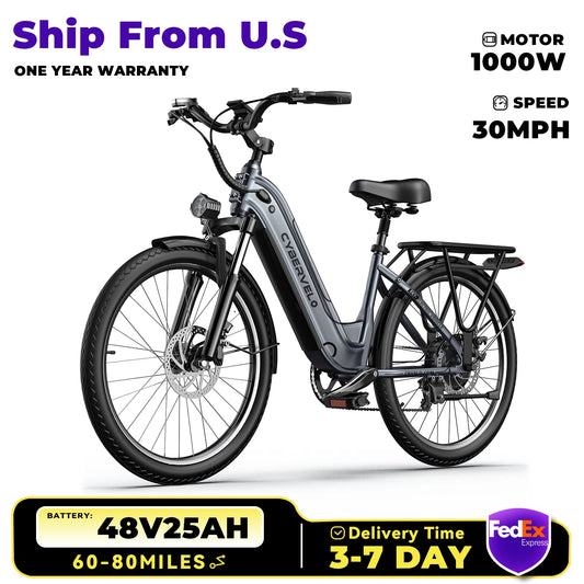 1000 Peak Electric Bike for Adults,up 80 Miles Removable Battery Ebike, 26" Electric E Bike with 7-Speed,Adult Electric Bicycles