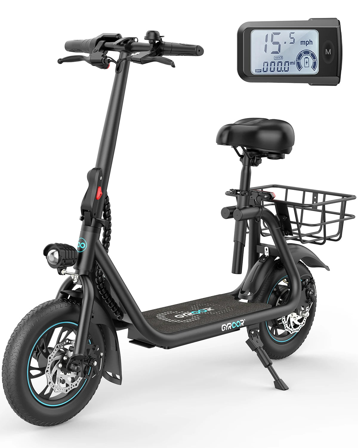 Gyroor 450W Electric Scooter with Seat for Adult, 12 inch Commuter Electric Scooter with Basket - up to 21 Miles 15.5MPH
