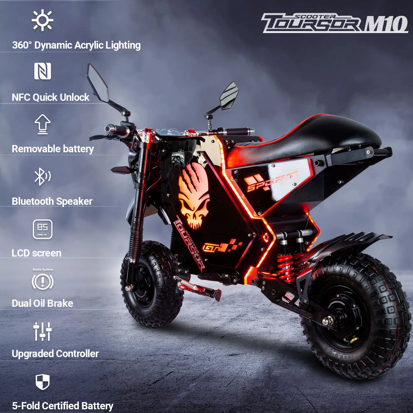 TOURSOR M10 Electric Motorcycle 72V 10,000W Dual-Drive Motor 50AH/55Ah Long-Range Lithium Battery 62 MPH Top Speed 93-Mile Range