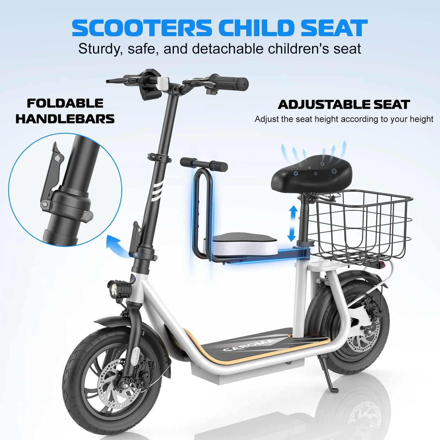 Peak 1200W Electric Scooter with Kids Seat,12" Shock-Absorbing Tires,500Wh Battery up to 30 Miles,Foldable for Commuting