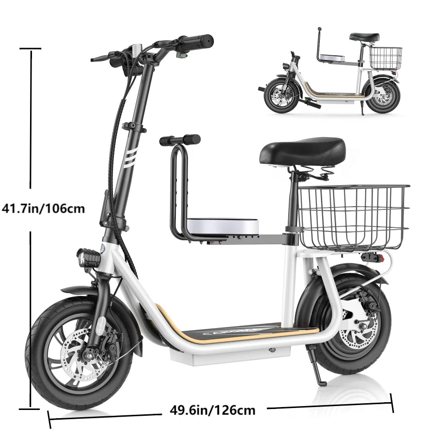 Peak 1200W Electric Scooter with Kids Seat,12" Shock-Absorbing Tires,500Wh Battery up to 30 Miles,Foldable for Commuting