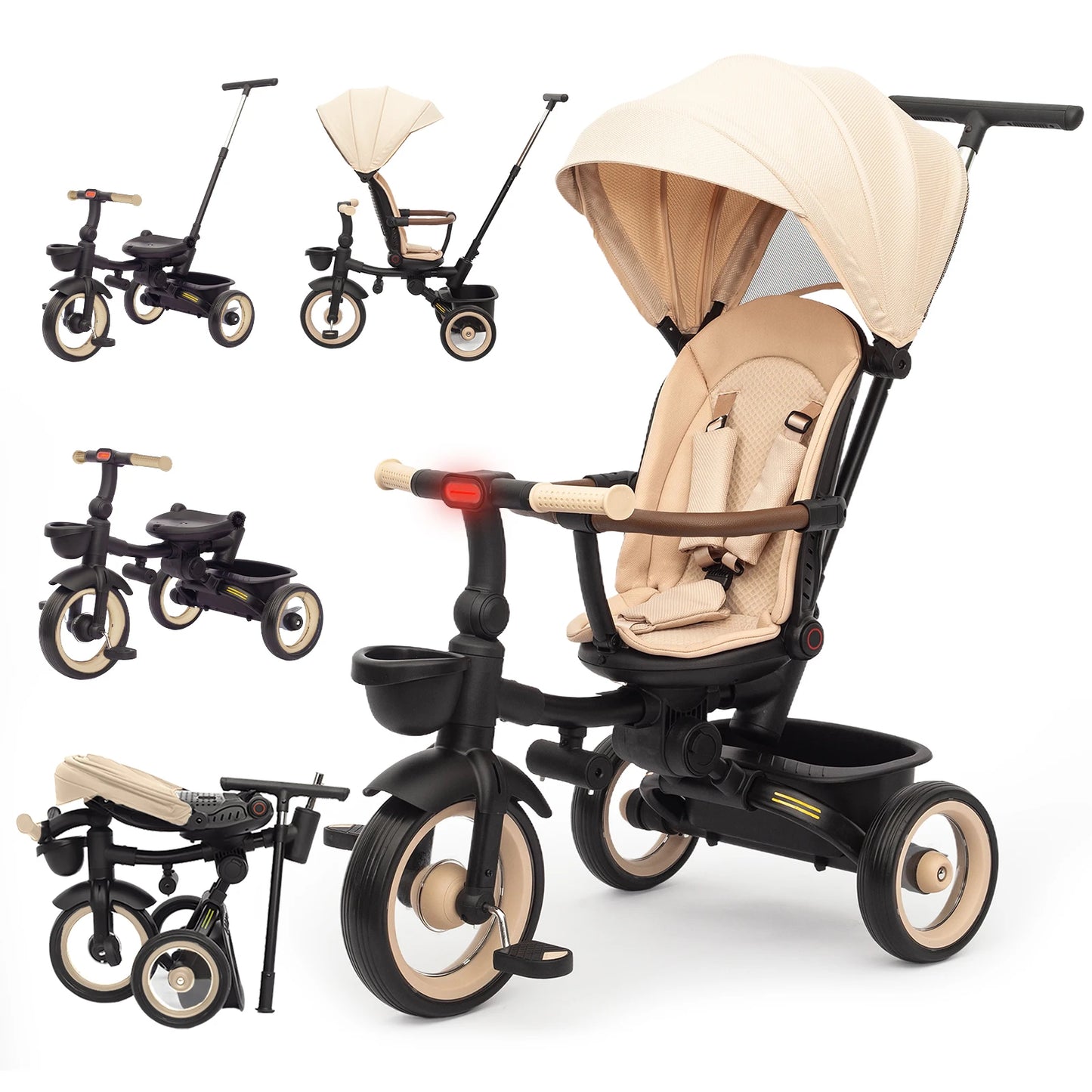 Baby Tricycle,7 in 1 Foldable Trike for Kids age 6M+ to 5 Years,Headlights.1-Step Brake Folding Pedal, Extended Canopy