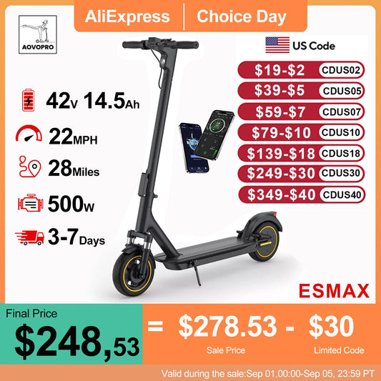 AOVOPRO New ESMAX Electric Scooter 500W 35km/h Adult APP Smart Scooter Shock-absorbing Anti-skid Folding Electric Scooter