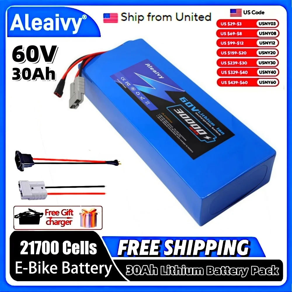 Aleaivy 60V 30Ah Electric Bike Lithium Battery Pack 30000mAh Li ion Ebike Battery for Bicycle Scooter Motorcycle with Charger